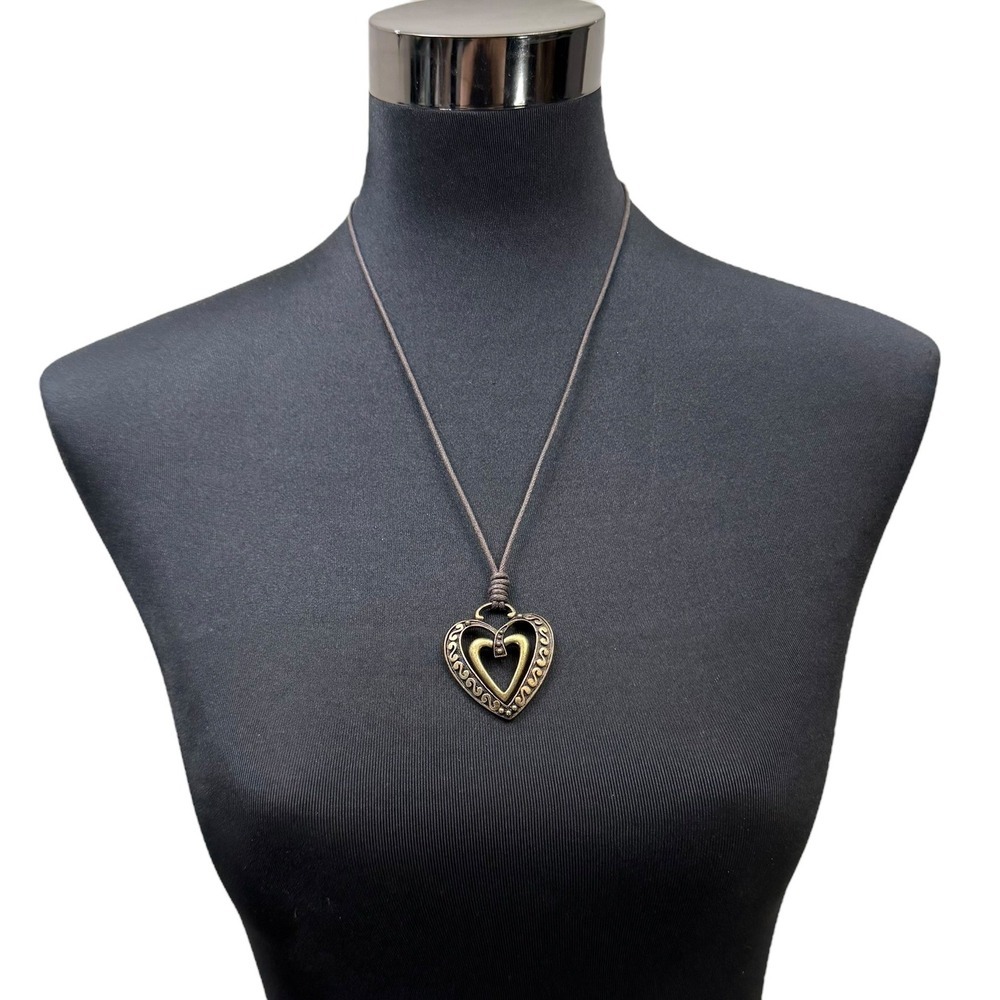 Gold Tone Heart Pendant Necklace Bronze Boho Chic Statement Jewelry 12.5 in L